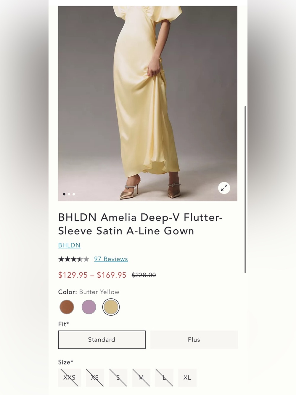 BHLDN Amelia Deep-V Flutter-Sleeve Satin A-Line Gown in Butter Yellow - Picture 4 of 5